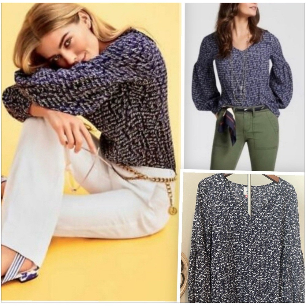 Cabi XL Style 5336 Te Amo Love Script Print Blouse Long Sleeve Popover Top Blue